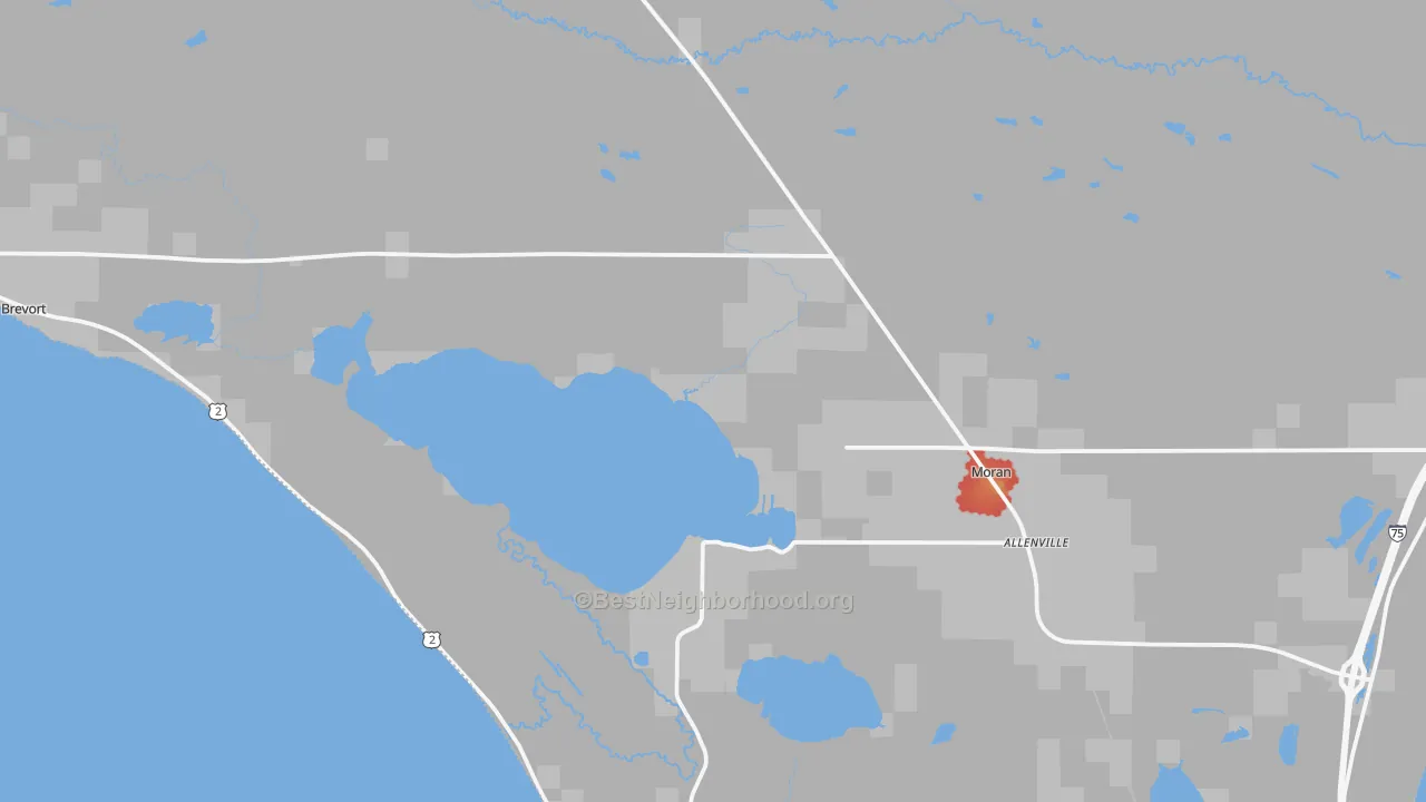 Walk Grade map of 49760, MI, walkable areas in green and car-dependent areas in red