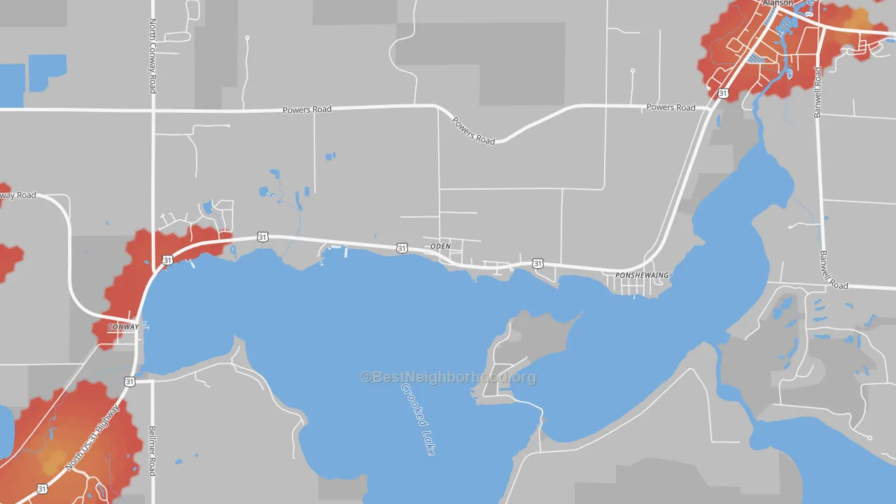 Walk Grade map of 49764, MI, walkable areas in green and car-dependent areas in red