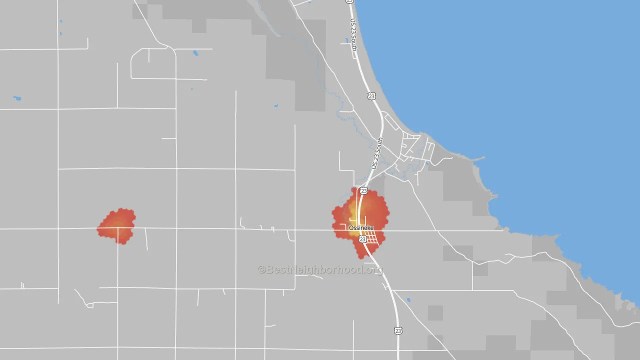 Walk Grade map of 49766, MI, walkable areas in green and car-dependent areas in red