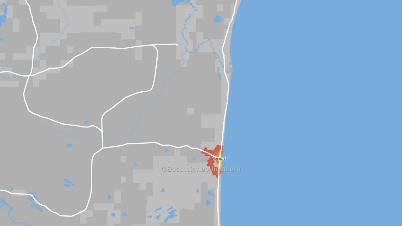 Walk Grade map of 49768, MI, walkable areas in green and car-dependent areas in red