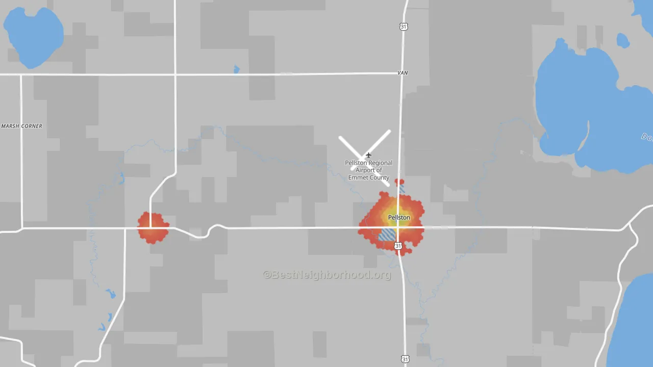Walk Grade map of 49769, MI, walkable areas in green and car-dependent areas in red