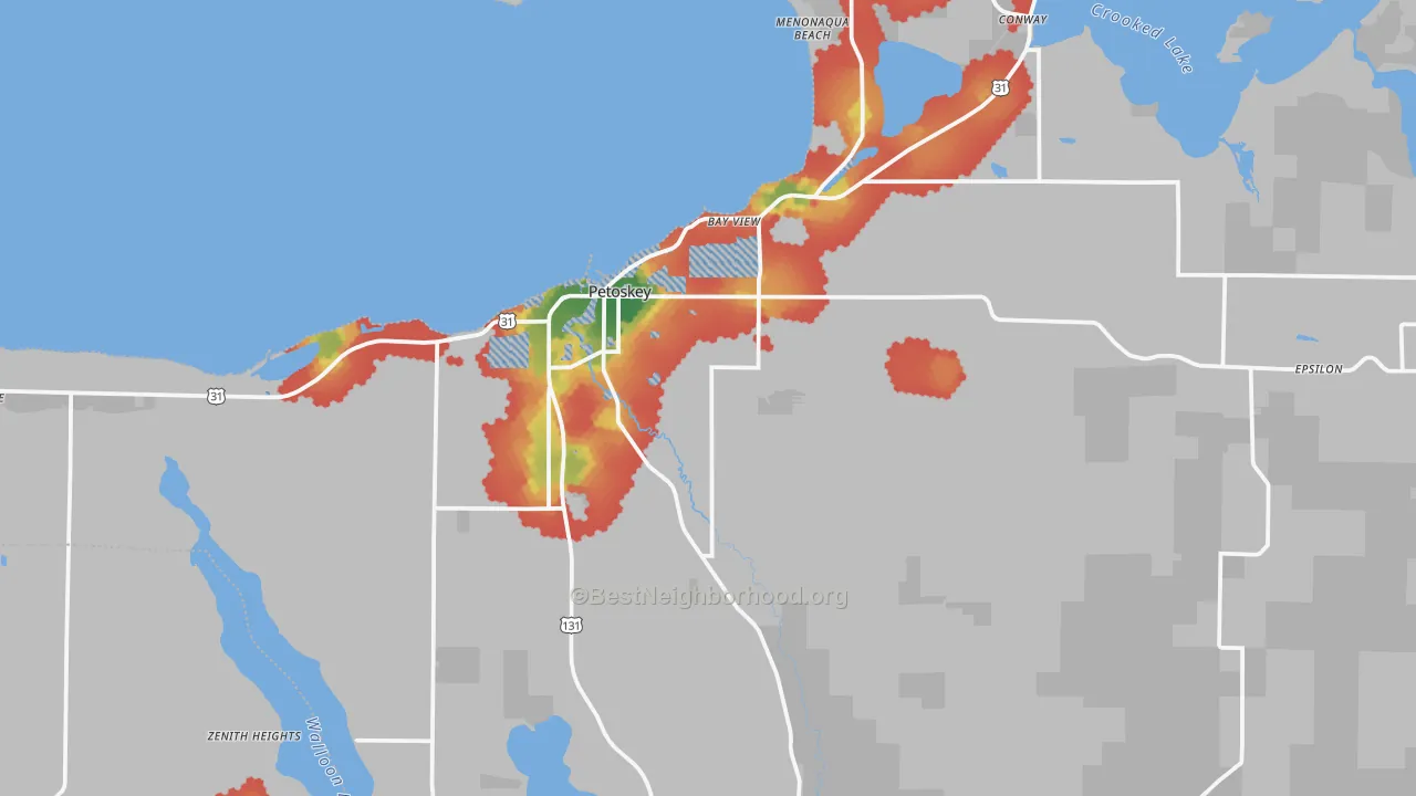Walk Grade map of 49770, MI, walkable areas in green and car-dependent areas in red
