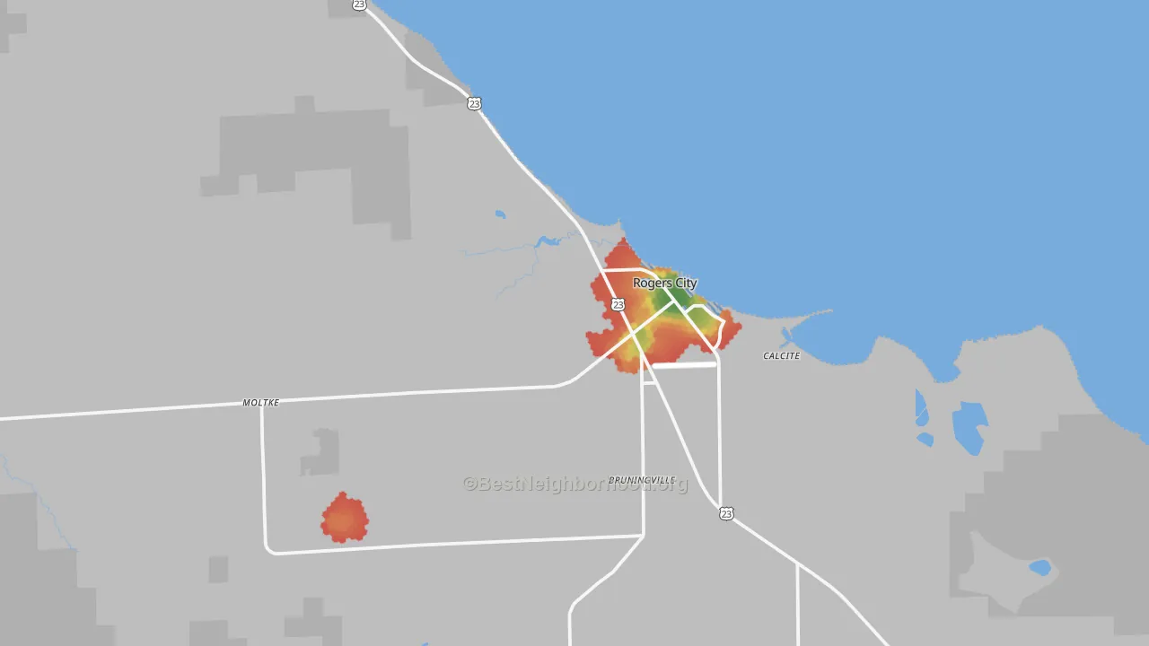 Walk Grade map of 49779, MI, walkable areas in green and car-dependent areas in red