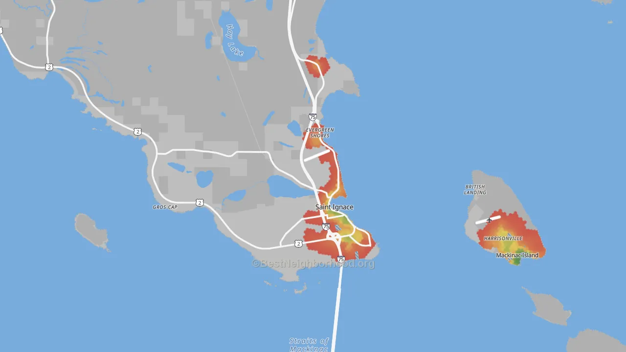 Walk Grade map of 49781, MI, walkable areas in green and car-dependent areas in red