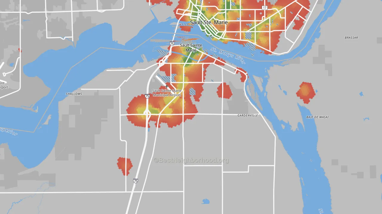 Walk Grade map of 49783, MI, walkable areas in green and car-dependent areas in red