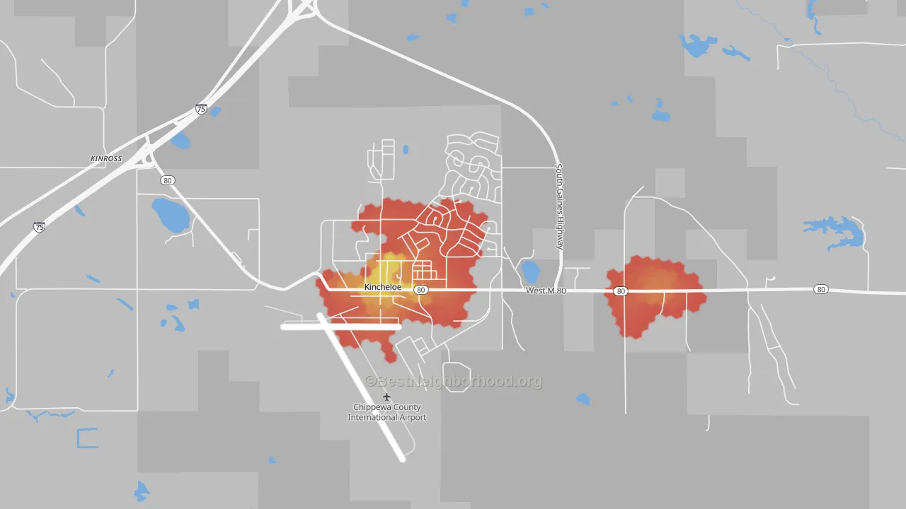Walk Grade map of 49788, MI, walkable areas in green and car-dependent areas in red