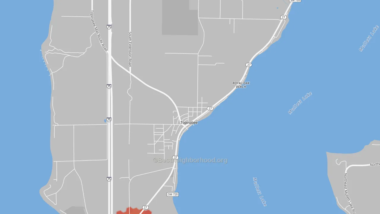 Walk Grade map of 49791, MI, walkable areas in green and car-dependent areas in red