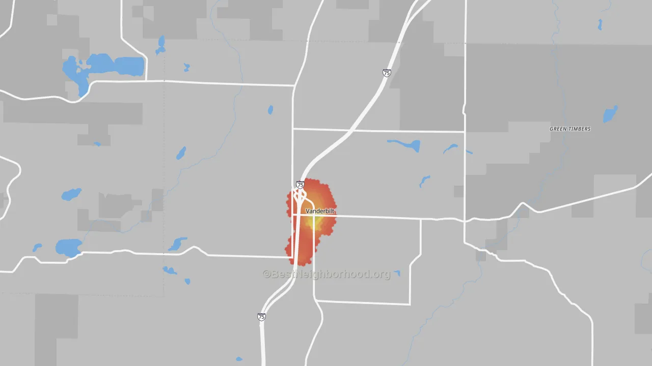 Walk Grade map of 49795, MI, walkable areas in green and car-dependent areas in red