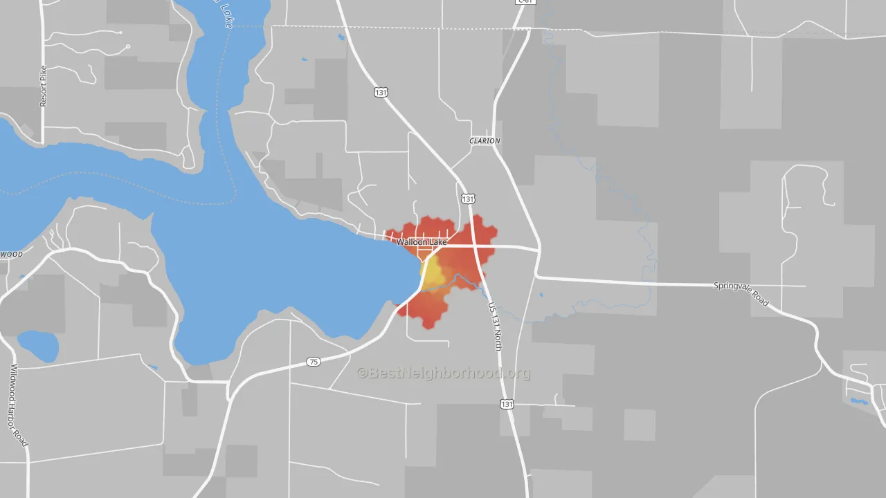 Walk Grade map of 49796, MI, walkable areas in green and car-dependent areas in red