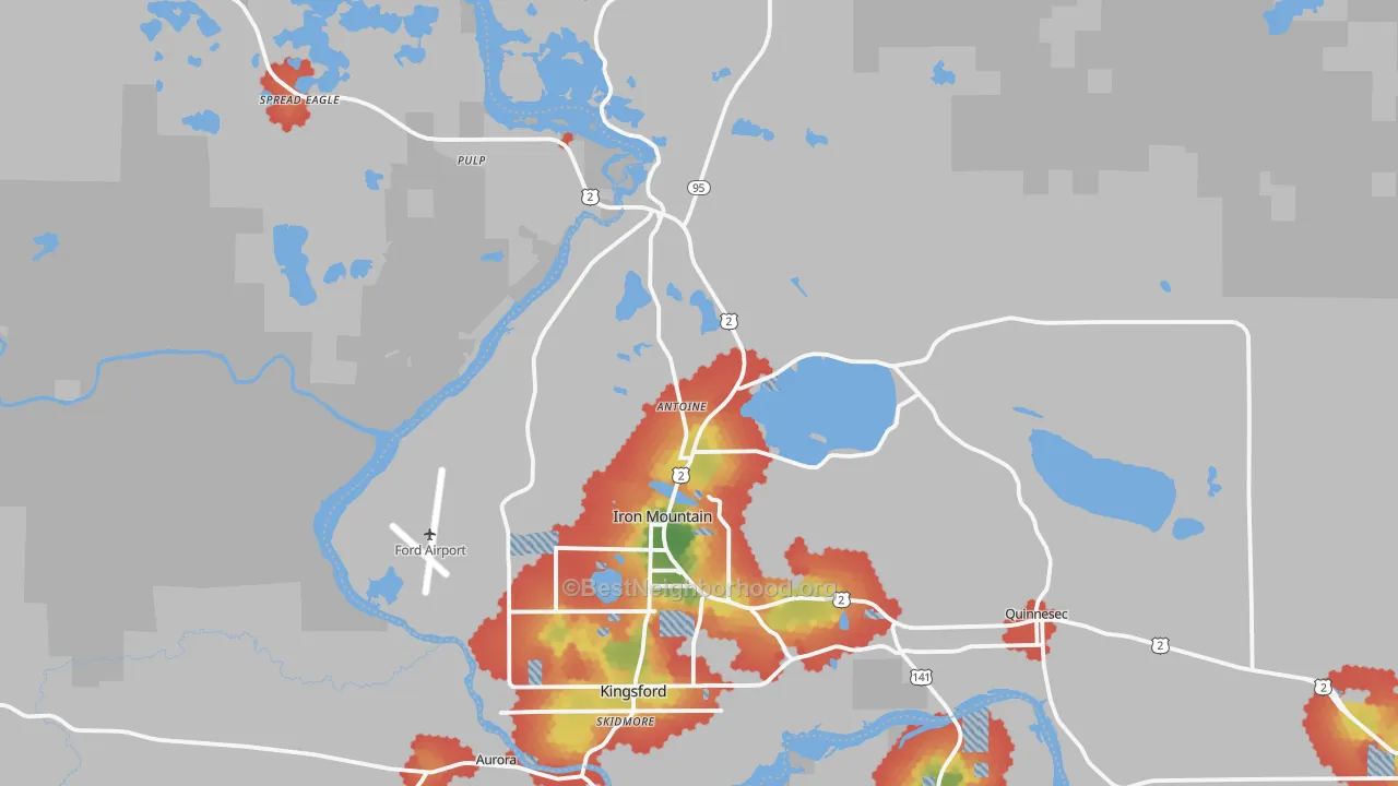 Walk Grade map of 49801, MI, walkable areas in green and car-dependent areas in red