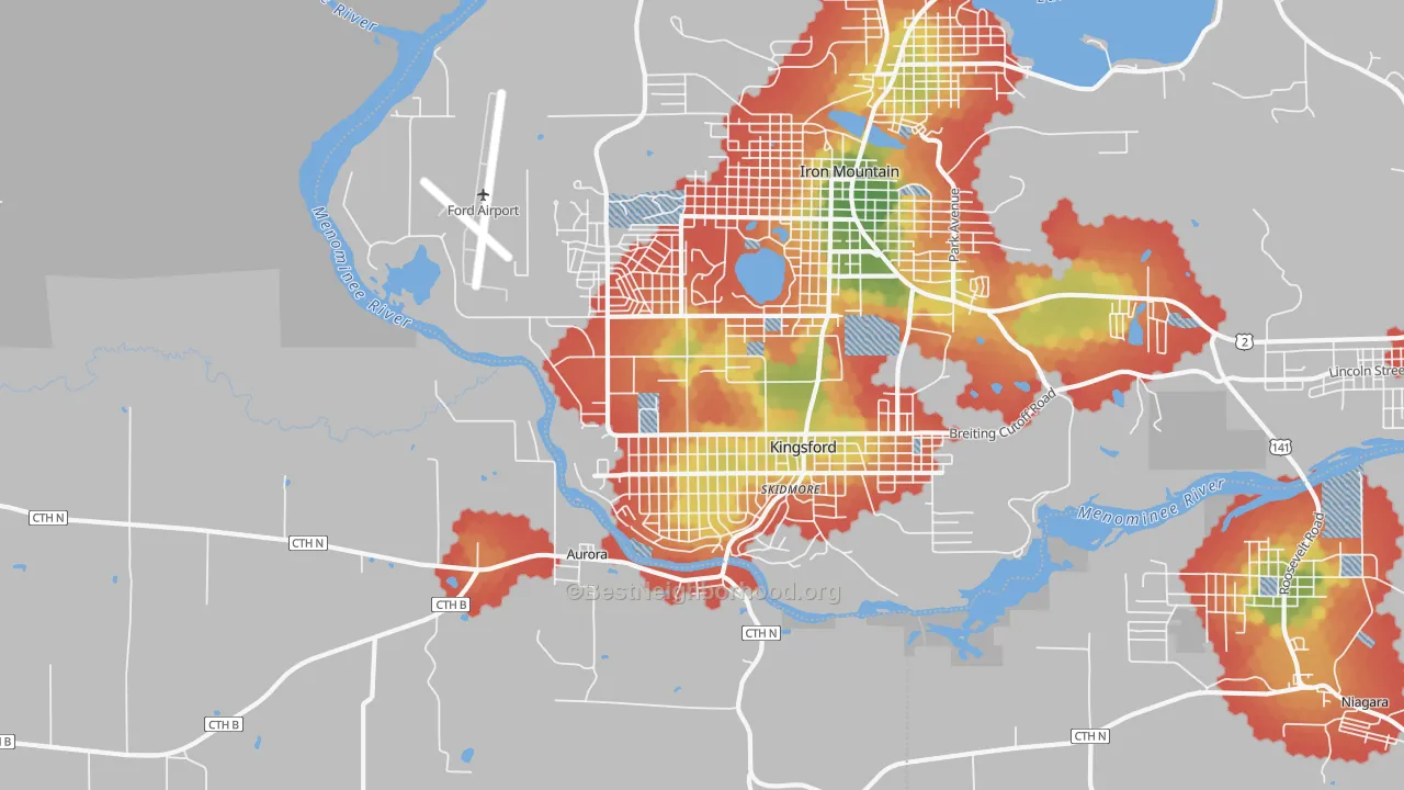Walk Grade map of 49802, MI, walkable areas in green and car-dependent areas in red