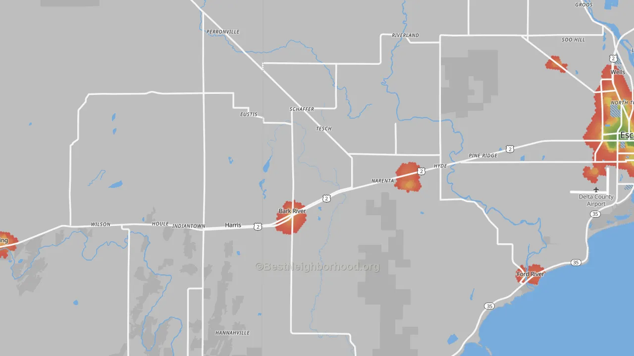Walk Grade map of 49807, MI, walkable areas in green and car-dependent areas in red