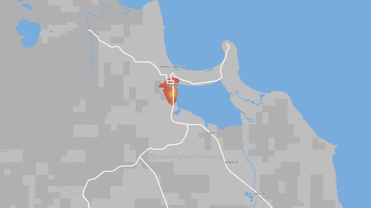 Walk Grade map of 49808, MI, walkable areas in green and car-dependent areas in red