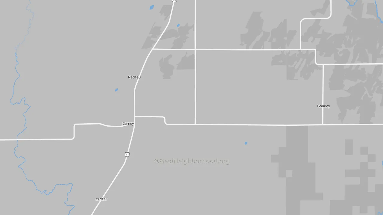 Walk Grade map of 49812, MI, walkable areas in green and car-dependent areas in red