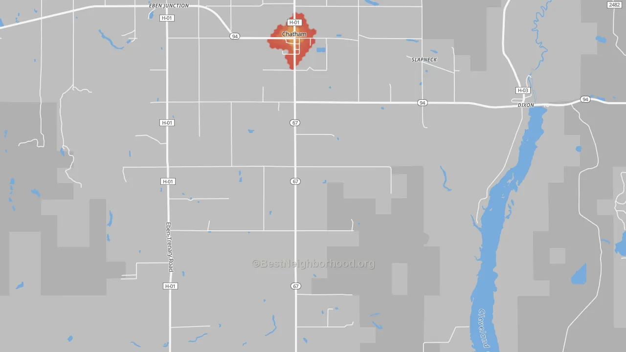 Walk Grade map of 49816, MI, walkable areas in green and car-dependent areas in red