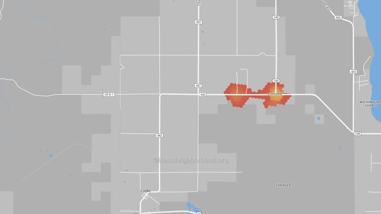 Walk Grade map of 49817, MI, walkable areas in green and car-dependent areas in red
