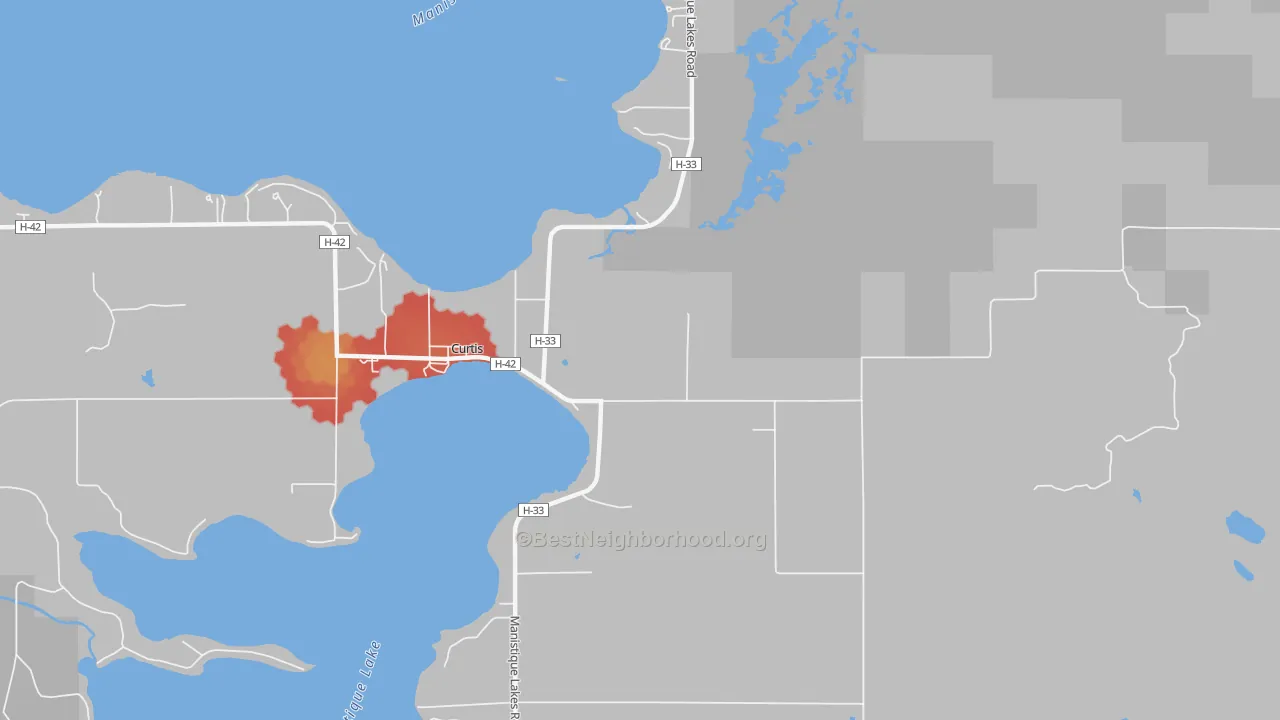 Walk Grade map of 49820, MI, walkable areas in green and car-dependent areas in red