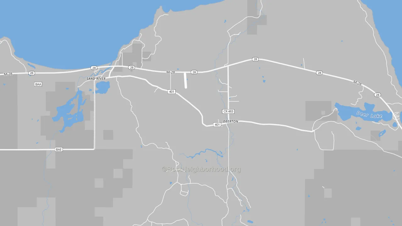 Walk Grade map of 49822, MI, walkable areas in green and car-dependent areas in red