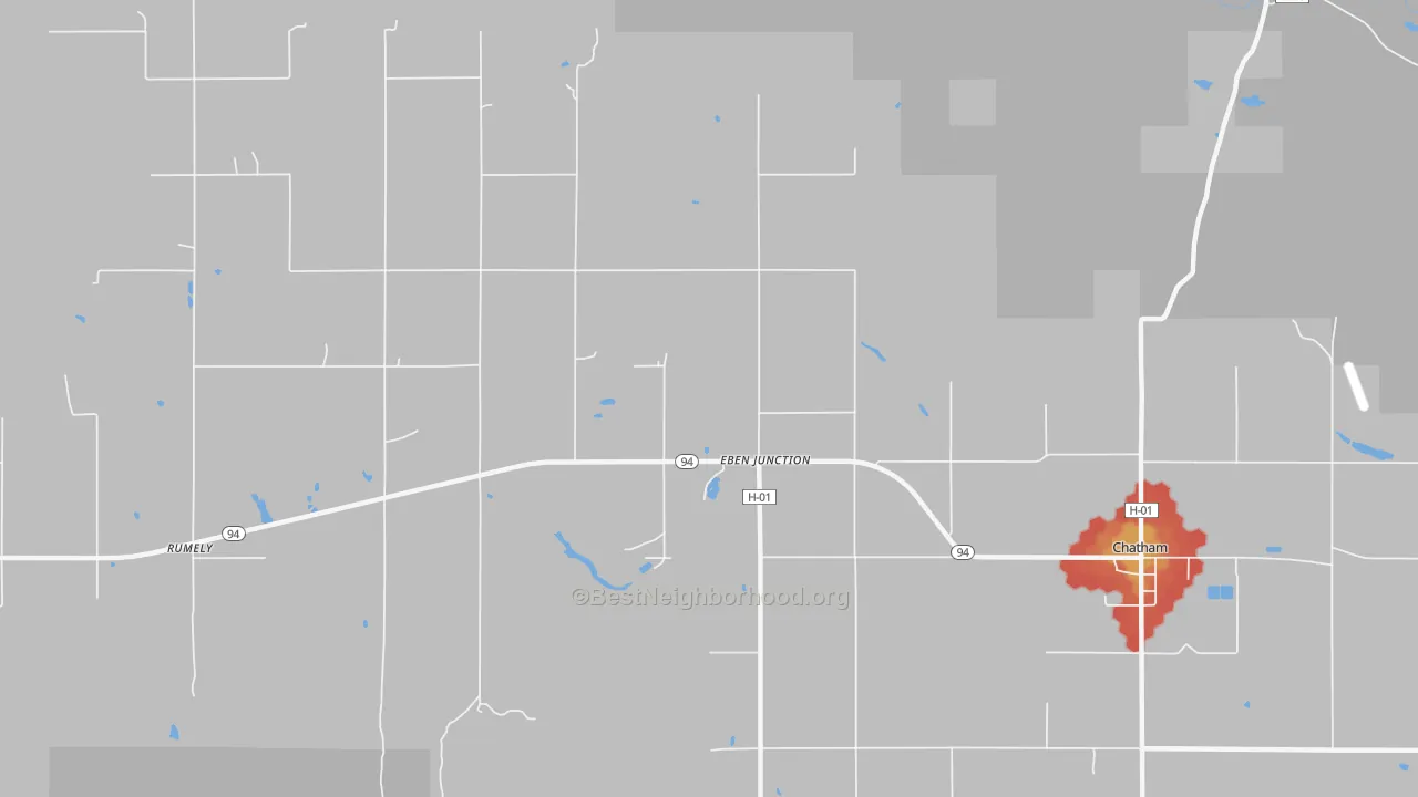 Walk Grade map of 49825, MI, walkable areas in green and car-dependent areas in red