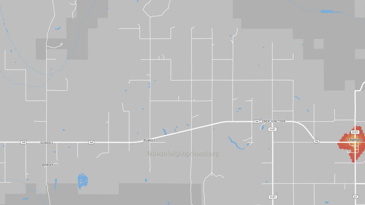Walk Grade map of 49826, MI, walkable areas in green and car-dependent areas in red
