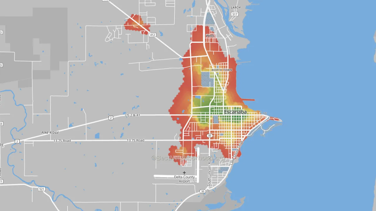 Walk Grade map of 49829, MI, walkable areas in green and car-dependent areas in red
