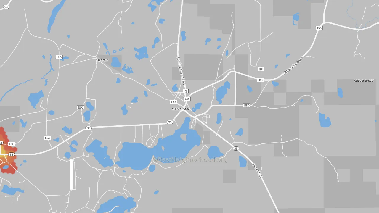 Walk Grade map of 49833, MI, walkable areas in green and car-dependent areas in red