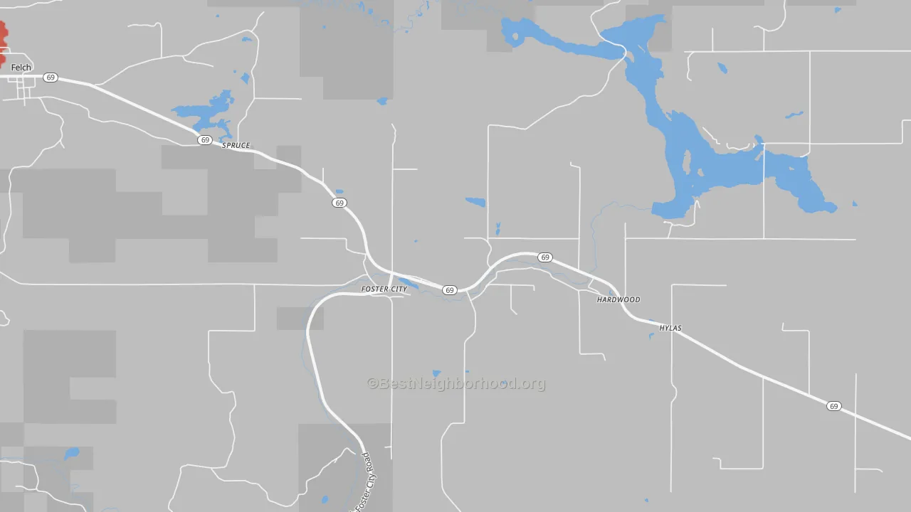 Walk Grade map of 49834, MI, walkable areas in green and car-dependent areas in red