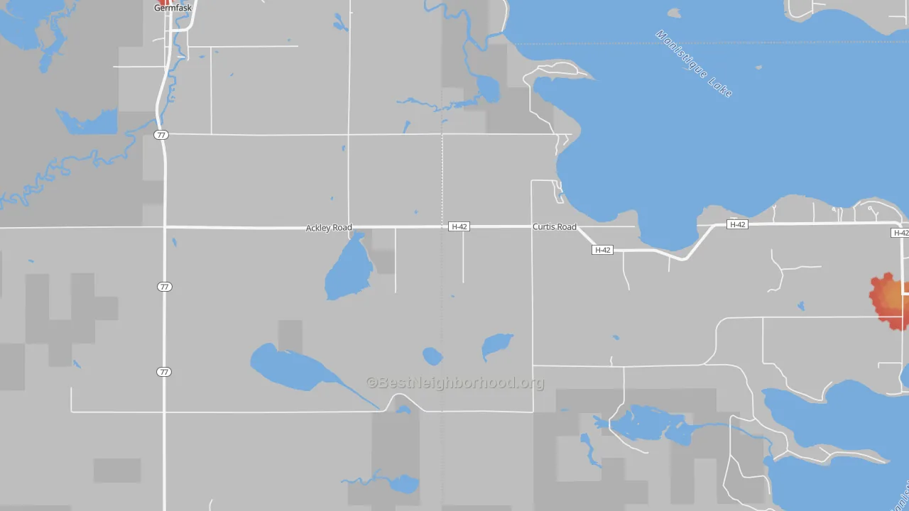 Walk Grade map of 49836, MI, walkable areas in green and car-dependent areas in red