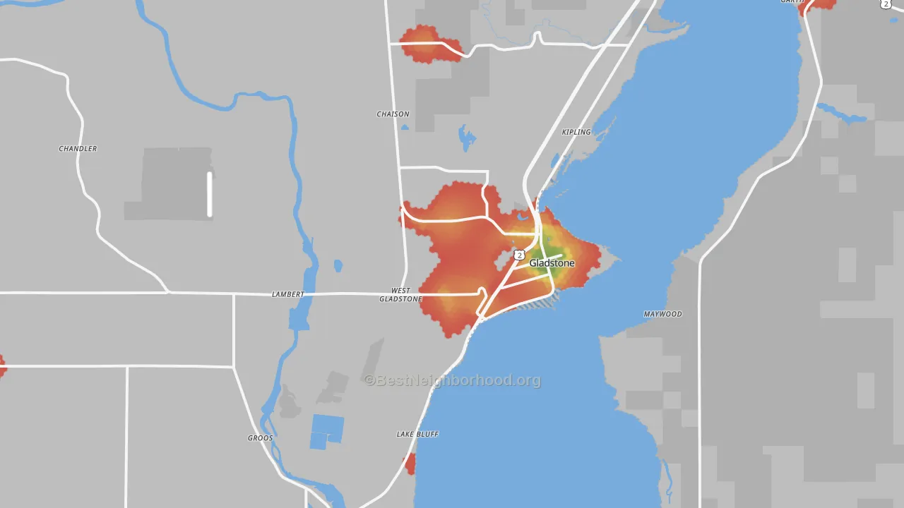 Walk Grade map of 49837, MI, walkable areas in green and car-dependent areas in red