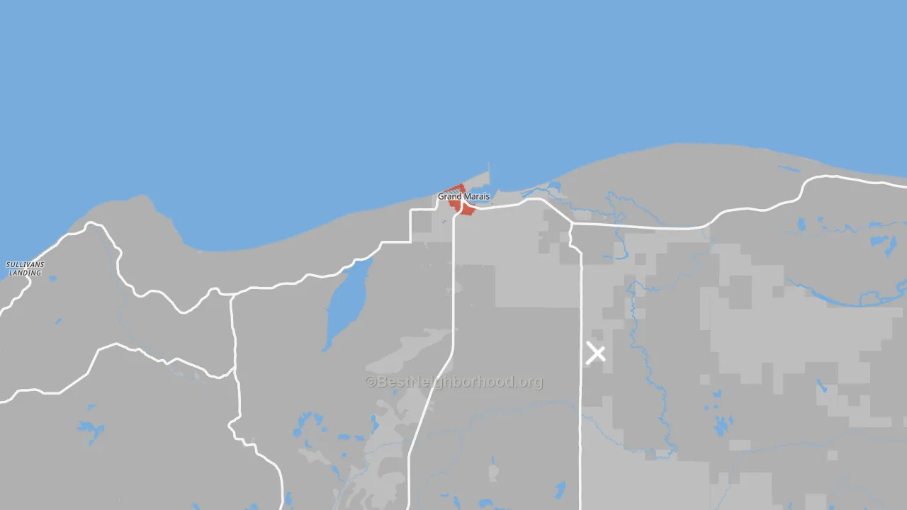 Walk Grade map of 49839, MI, walkable areas in green and car-dependent areas in red