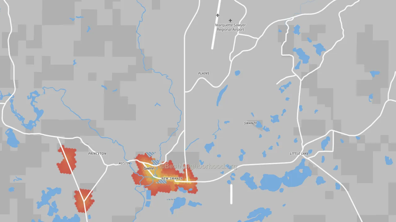 Walk Grade map of 49841, MI, walkable areas in green and car-dependent areas in red
