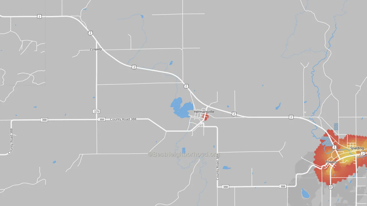Walk Grade map of 49847, MI, walkable areas in green and car-dependent areas in red
