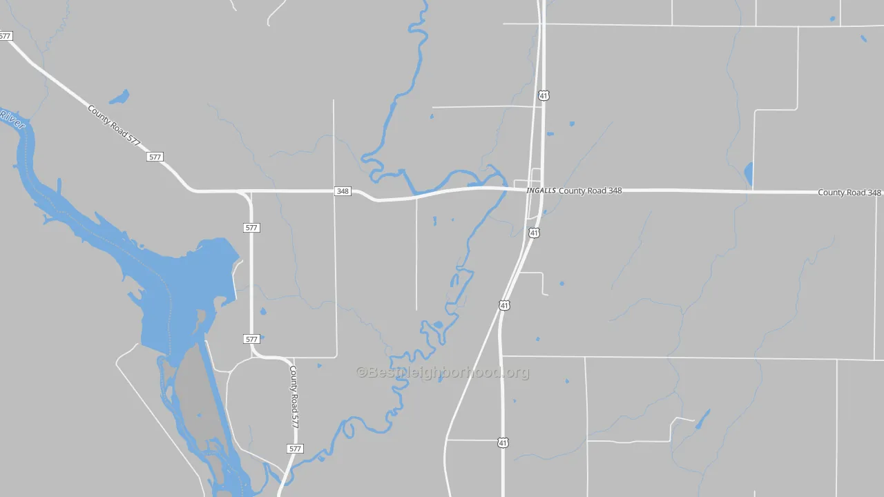 Walk Grade map of 49848, MI, walkable areas in green and car-dependent areas in red