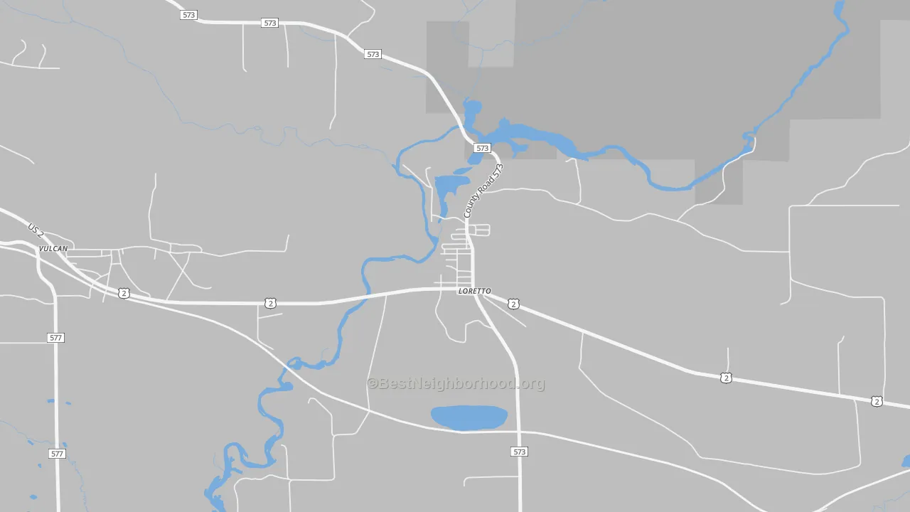 Walk Grade map of 49852, MI, walkable areas in green and car-dependent areas in red