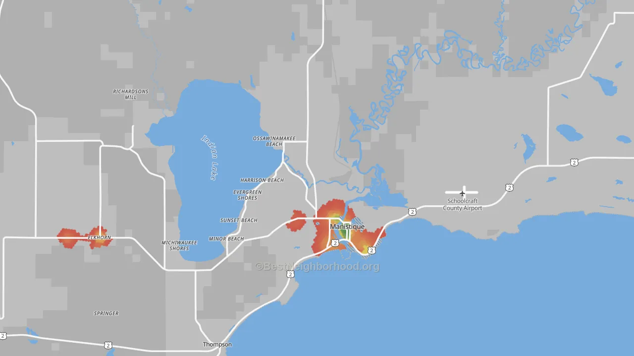 Walk Grade map of 49854, MI, walkable areas in green and car-dependent areas in red