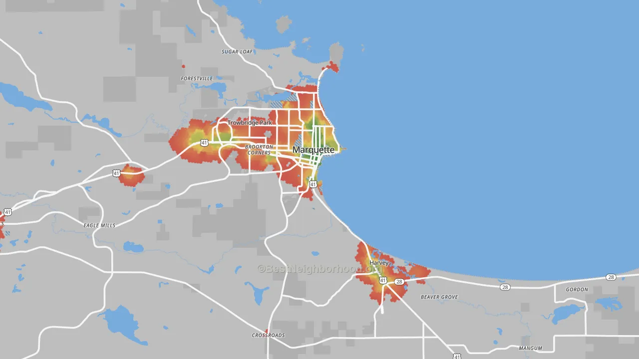 Walk Grade map of 49855, MI, walkable areas in green and car-dependent areas in red