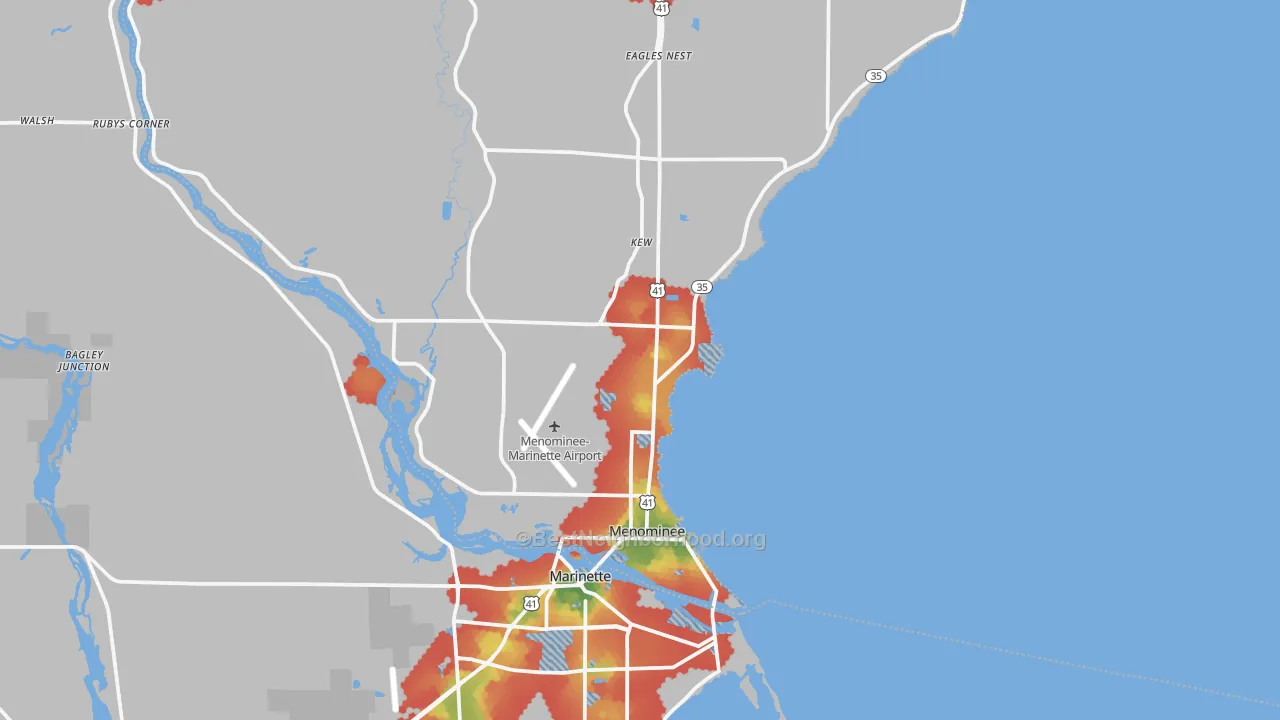 Walk Grade map of 49858, MI, walkable areas in green and car-dependent areas in red