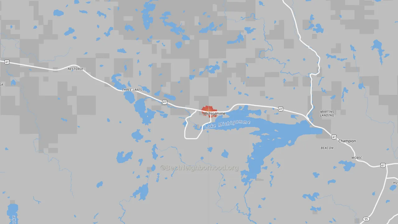 Walk Grade map of 49861, MI, walkable areas in green and car-dependent areas in red