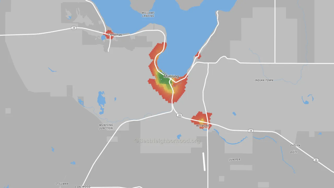 Walk Grade map of 49862, MI, walkable areas in green and car-dependent areas in red