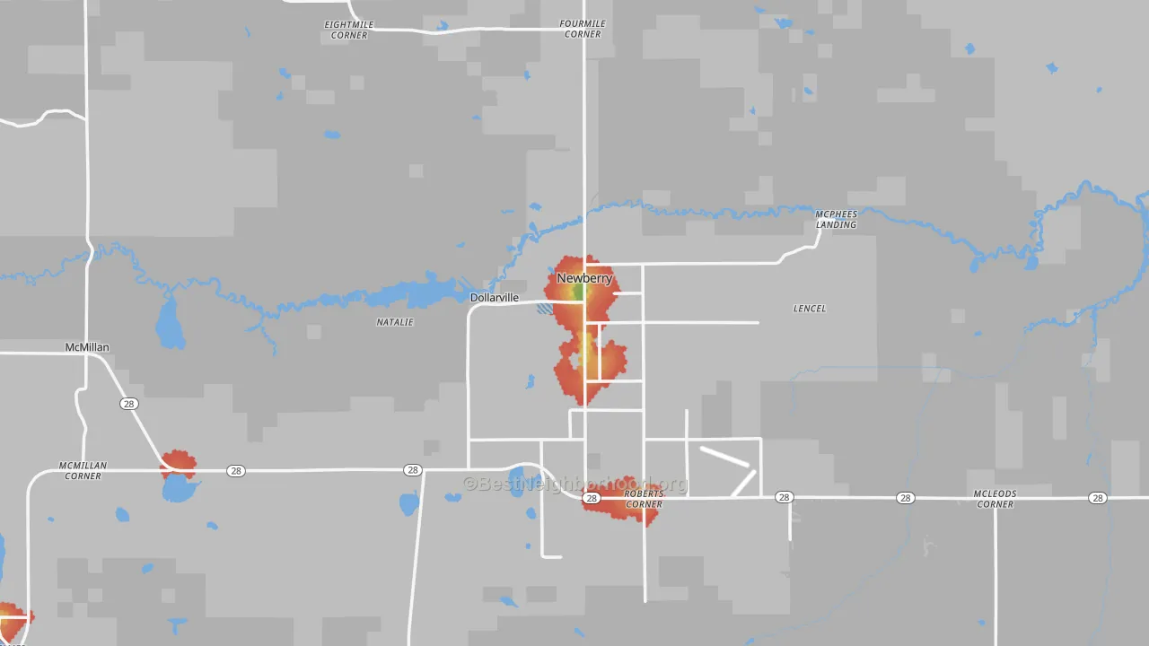 Walk Grade map of 49868, MI, walkable areas in green and car-dependent areas in red
