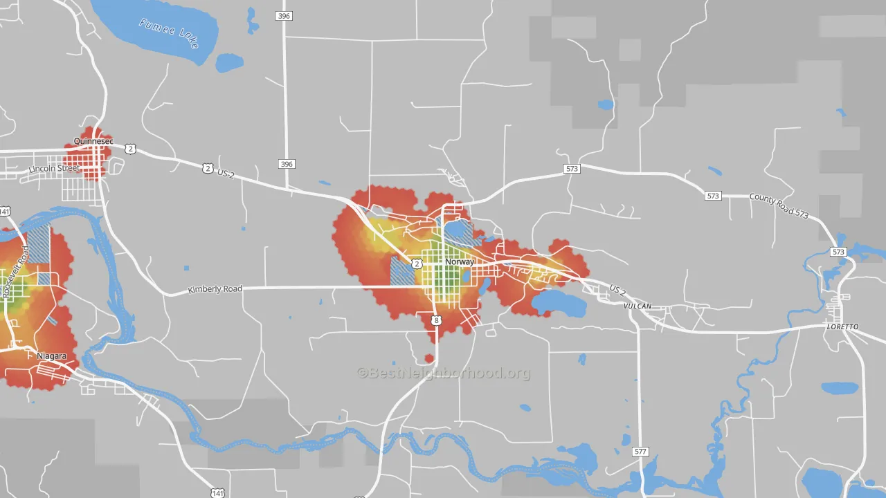 Walk Grade map of 49870, MI, walkable areas in green and car-dependent areas in red