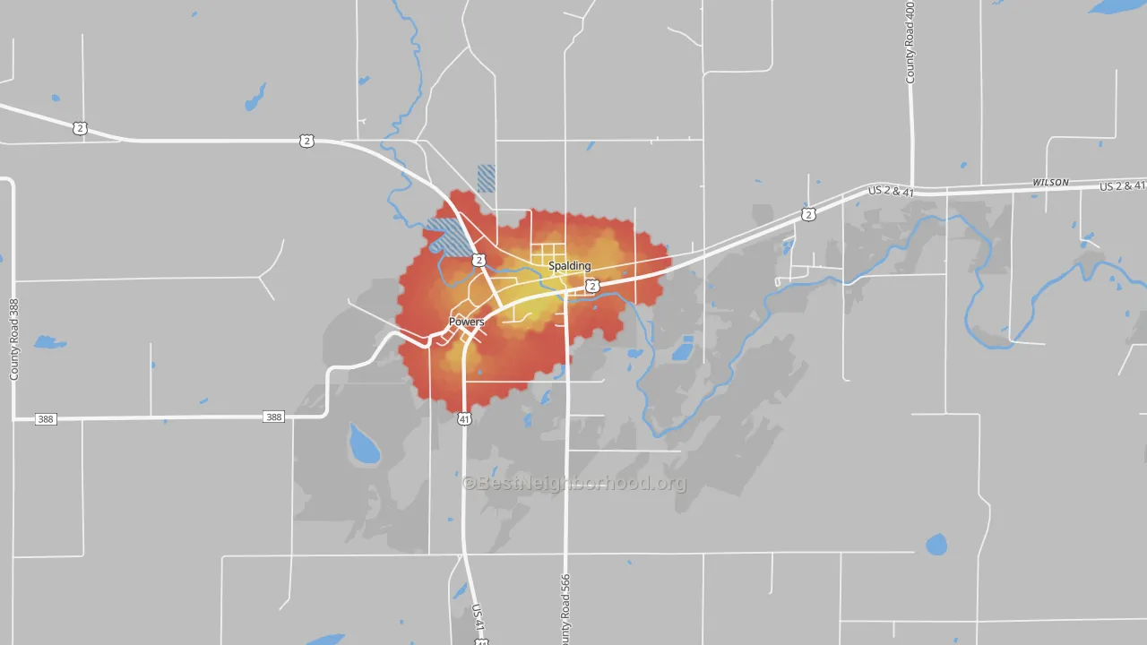 Walk Grade map of 49874, MI, walkable areas in green and car-dependent areas in red