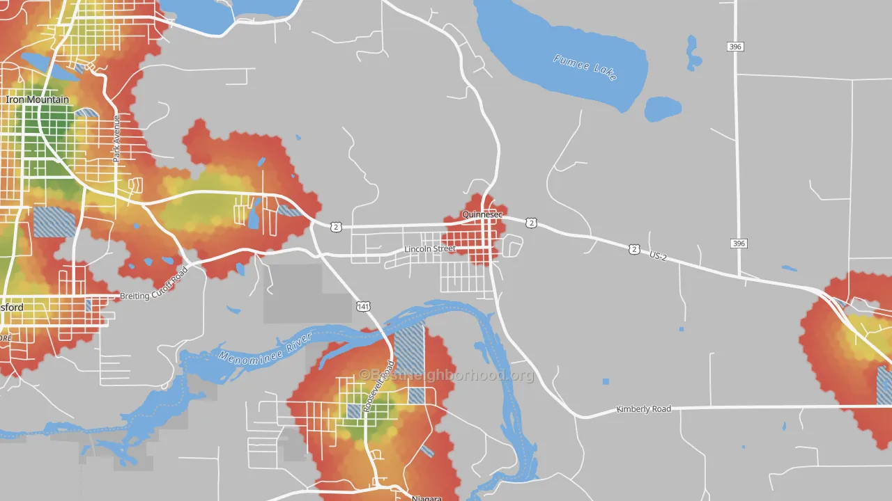 Walk Grade map of 49876, MI, walkable areas in green and car-dependent areas in red