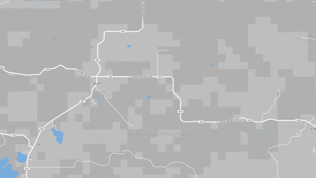 Walk Grade map of 49877, MI, walkable areas in green and car-dependent areas in red