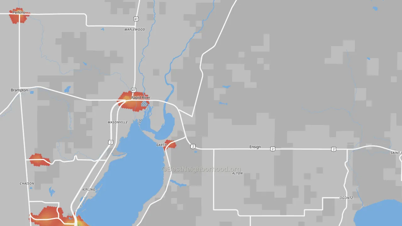 Walk Grade map of 49878, MI, walkable areas in green and car-dependent areas in red
