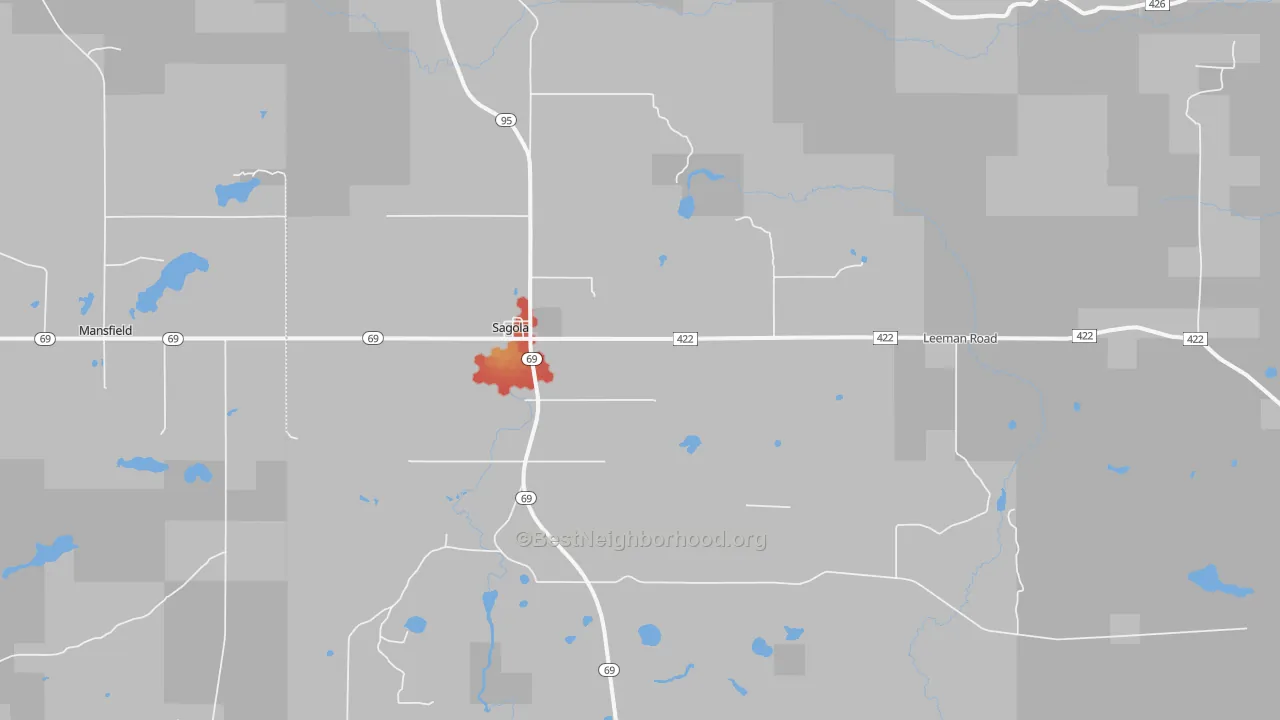 Walk Grade map of 49881, MI, walkable areas in green and car-dependent areas in red