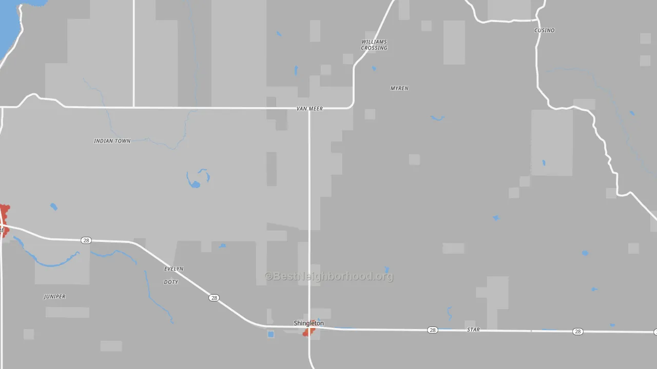 Walk Grade map of 49884, MI, walkable areas in green and car-dependent areas in red