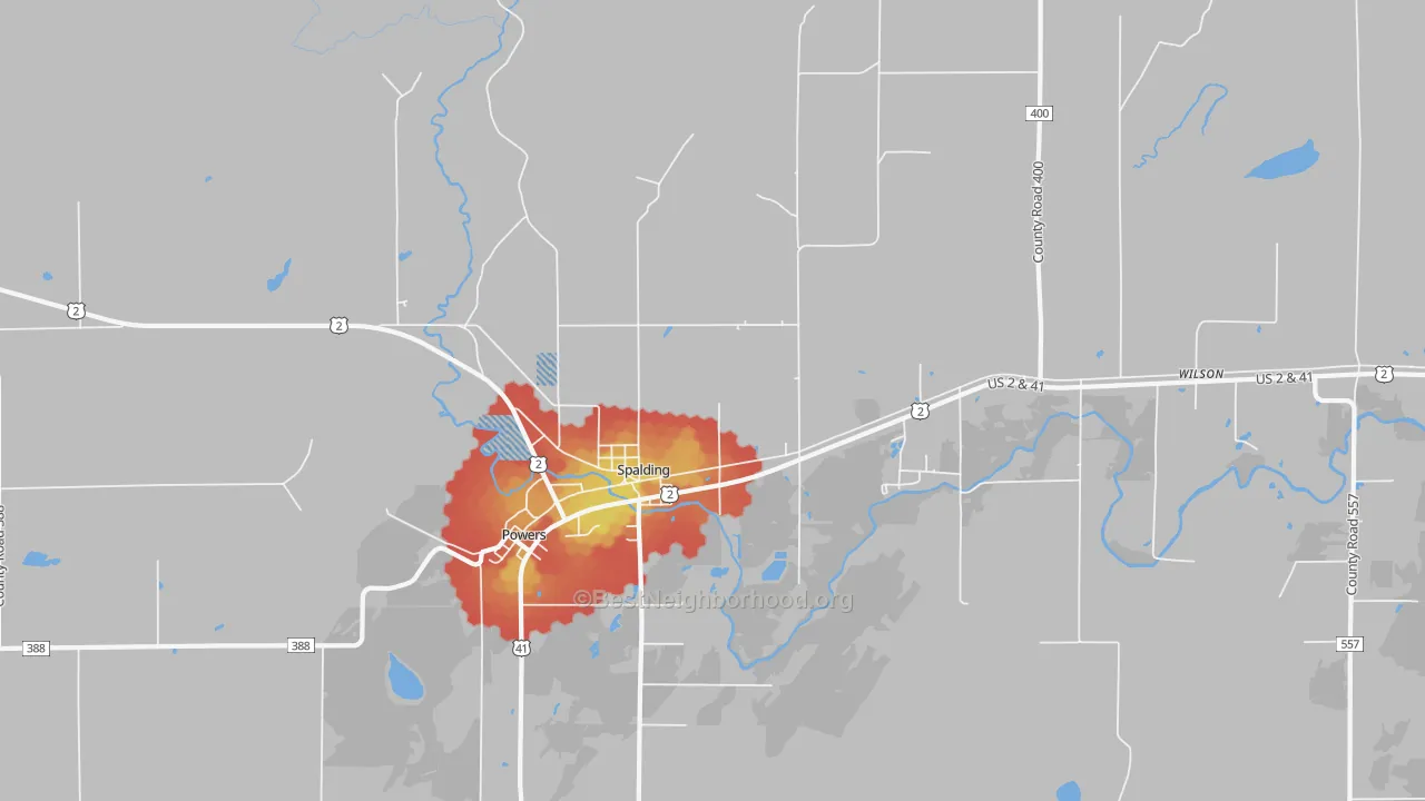 Walk Grade map of 49886, MI, walkable areas in green and car-dependent areas in red