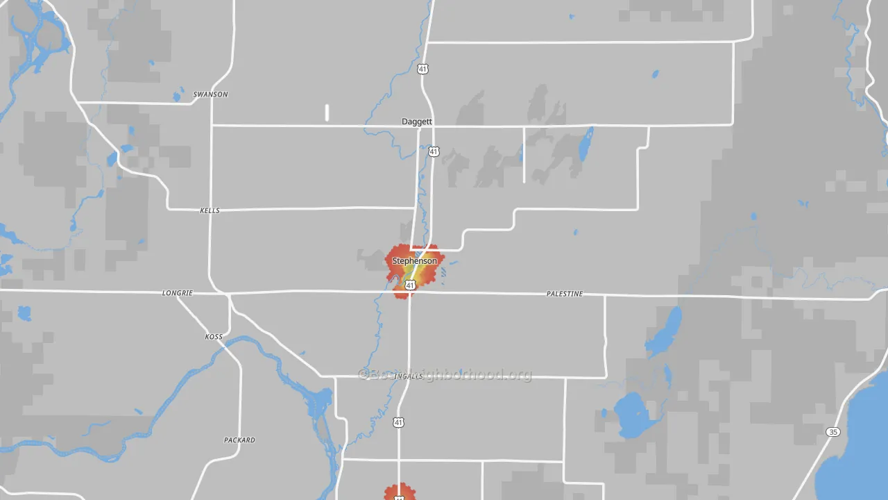 Walk Grade map of 49887, MI, walkable areas in green and car-dependent areas in red