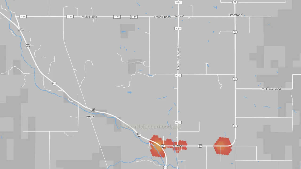 Walk Grade map of 49891, MI, walkable areas in green and car-dependent areas in red